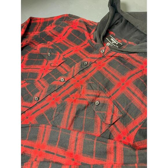 Forever 21 Red and Black Plaid Hooded Button-Up Shirt - Picture 6 of 8